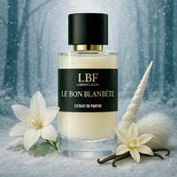 Flacon du parfum LE BON BLANBÊTE – extrait de parfum mixte à base de musc blanc, lait, encens et fleurs blanches – LEBONFLACON