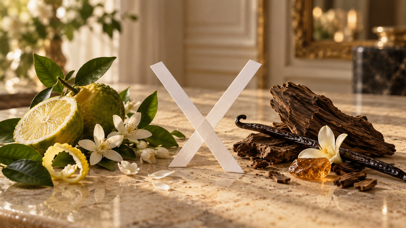 Deux touches à parfum comparant un univers frais et floral à un univers boisé et ambré