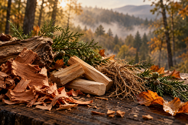 Bois de cèdre, santal, vétiver et cyprès dans une forêt d’automne, évocation d’un parfum boisé