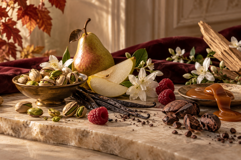 Pistaches, vanille, poire, framboises et fleurs illustrant un parfum gourmand équilibré