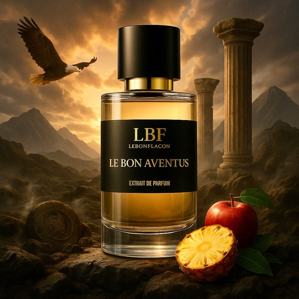 Flacon du parfum LE BON AVENTUS – extrait de parfum boisé et fruité pour homme, signé LEBONFLACON