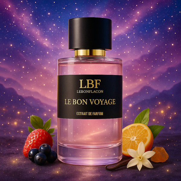 Flacon du parfum LE BON VOYAGE – extrait de parfum mixte fruité et floral signé LEBONFLACON