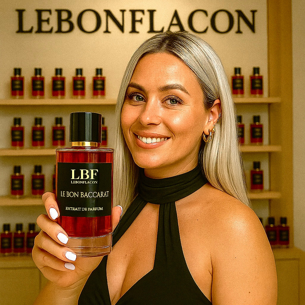 Le Bon Baccarat – extrait de parfum LEBONFLACON présenté par une cliente, photo lifestyle devant miroir
